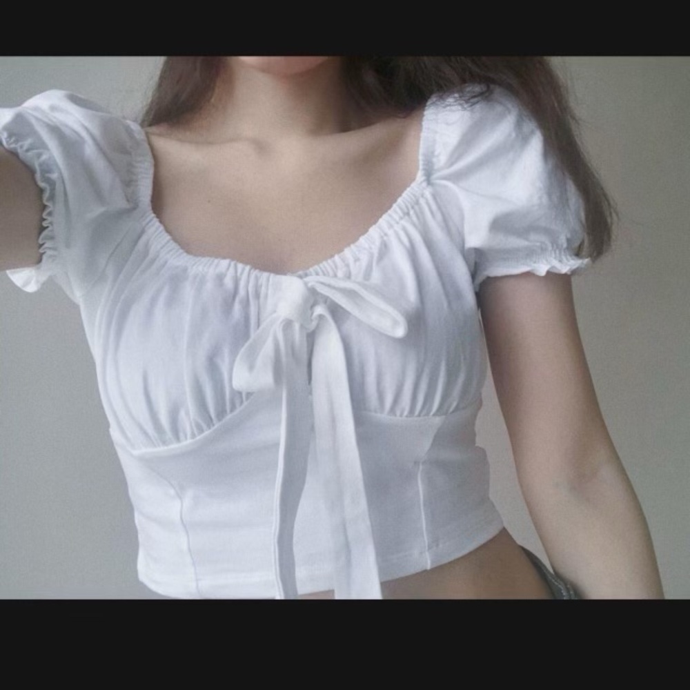 White Puff Sleeve Tie-Front Top
